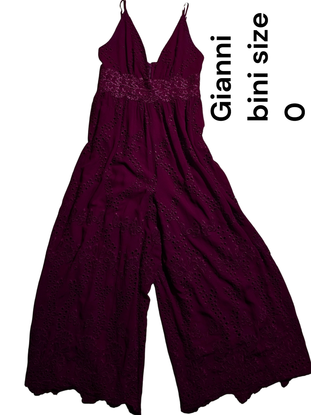 Gianni Bini Deep Plum Eyelet Lace-Trim Wide-Leg Jumpsuit